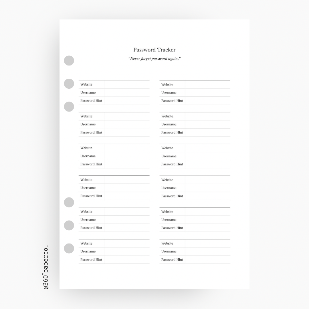 Password Tracker Planner Insert