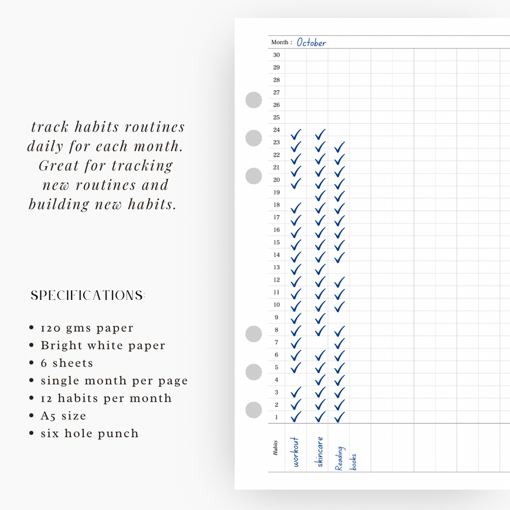 Undated Monthly Habits tracker Planner Insert