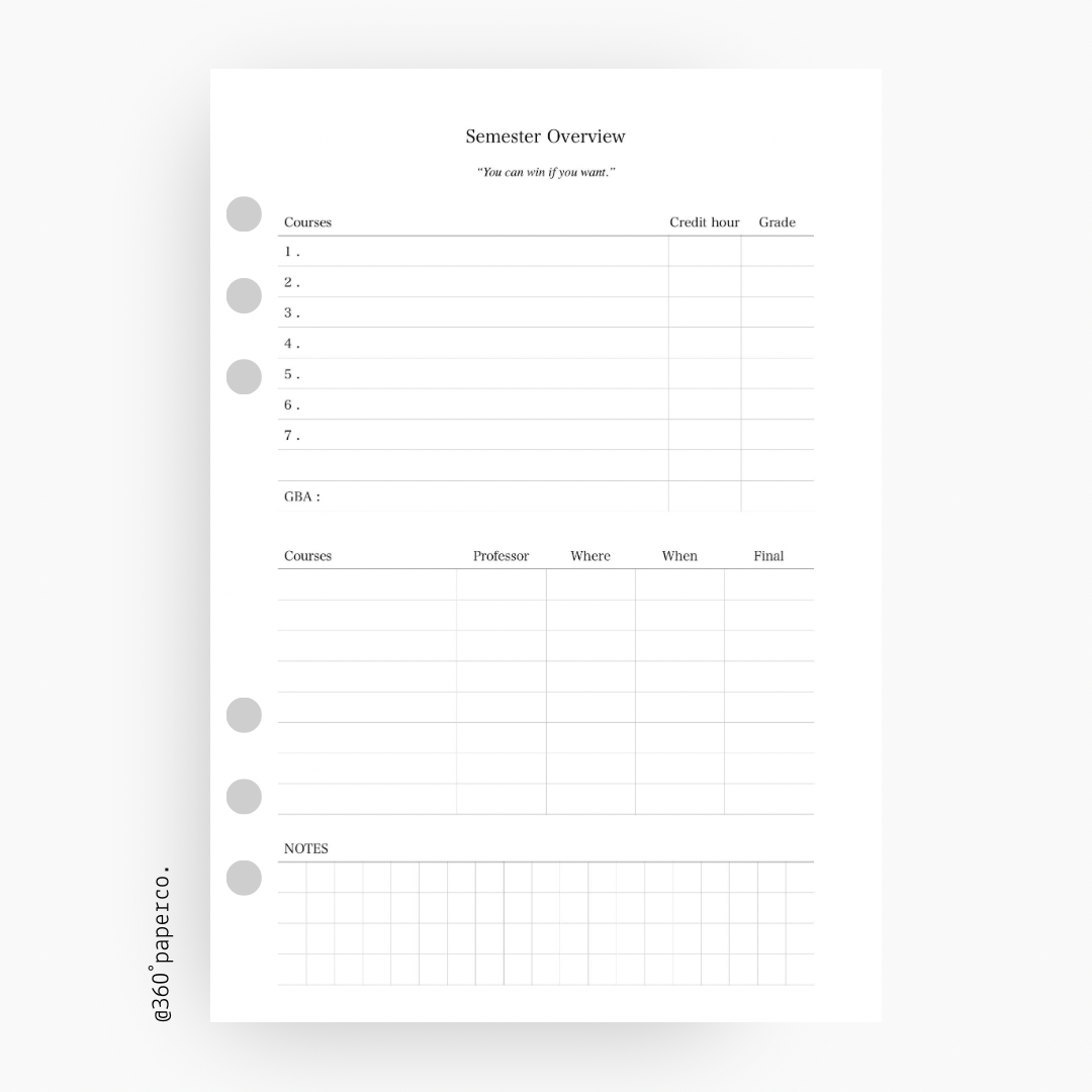 Academic Planner Inserts